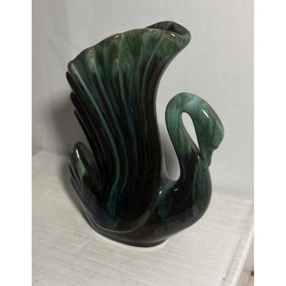 Blue Mountain Pottery Swan Vase Wings Ceramic Green Drip Glaze 6" Tall Canada MC - Picture 3 of 9